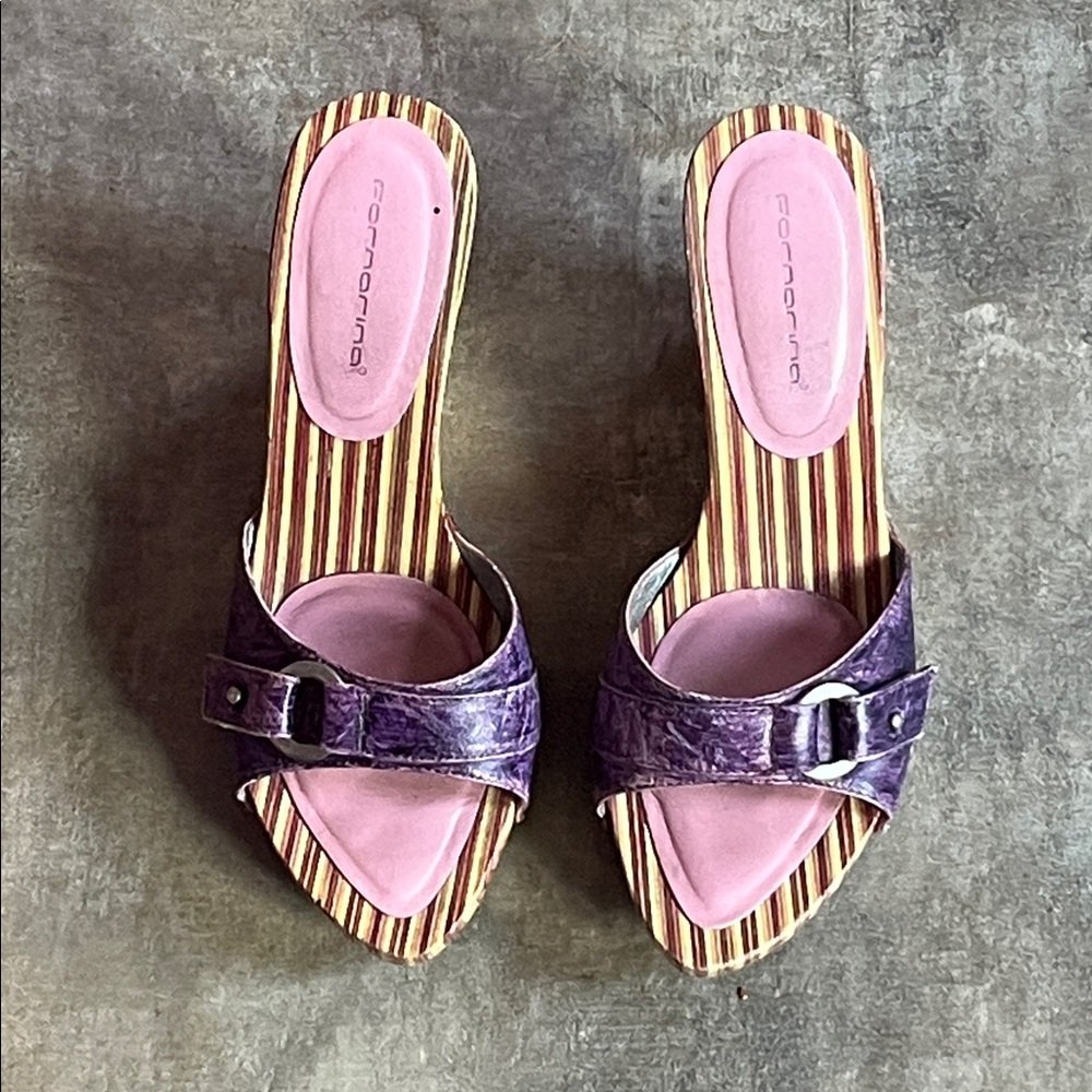 Fornarina Swirl Wedge Wood Sandals Wood Leather Straps Purple Tan EU 36 US 5.5